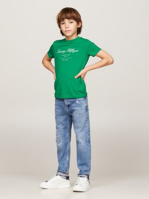 green rundhals-t-shirt mit script-logo für jungen - tommy hilfiger