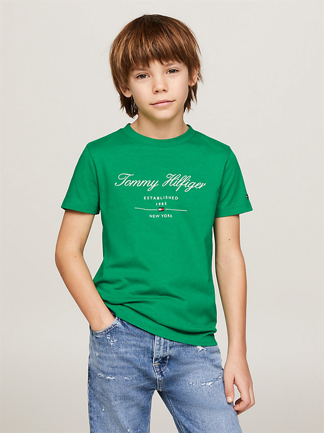 t-shirt con logo in corsivo green da bambini tommy hilfiger