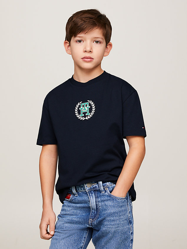 blue th monogram crest logo t-shirt for boys tommy hilfiger
