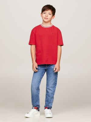 red varsity-t-shirt mit kontrast-kragen für jungen - tommy hilfiger
