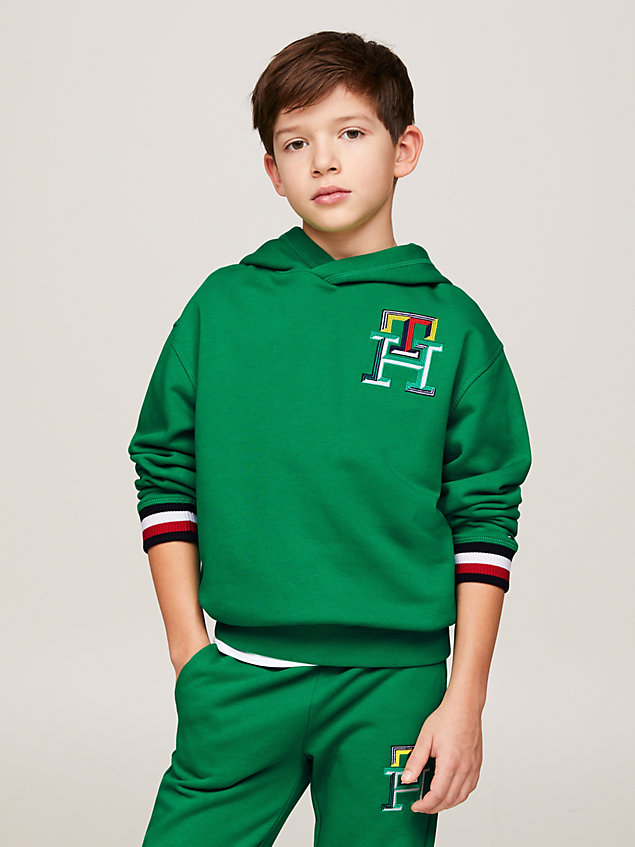 green th monogram hoodie met signature-mouwboorden voor jongens - tommy hilfiger