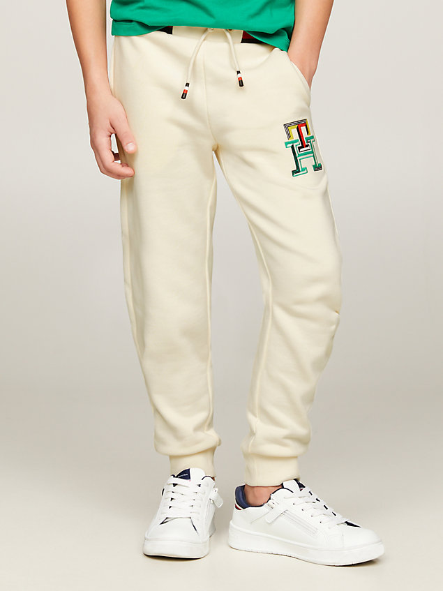 beige th monogram embroidery cuffed joggers for boys tommy hilfiger