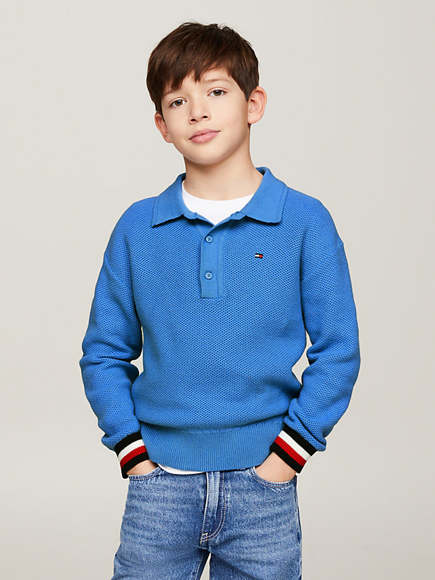jersey con cuello de polo y puños distintivos blue de niños tommy hilfiger