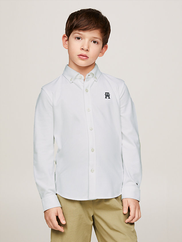 white th monogram pique regular shirt for boys tommy hilfiger