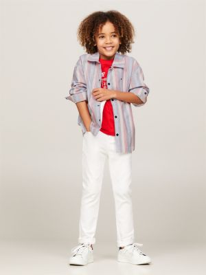 beige gestreiftes oversized fit oxford-hemd für jungen - tommy hilfiger