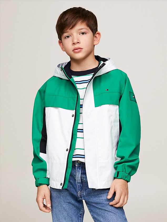 green colour-blocked hooded jacket for boys tommy hilfiger