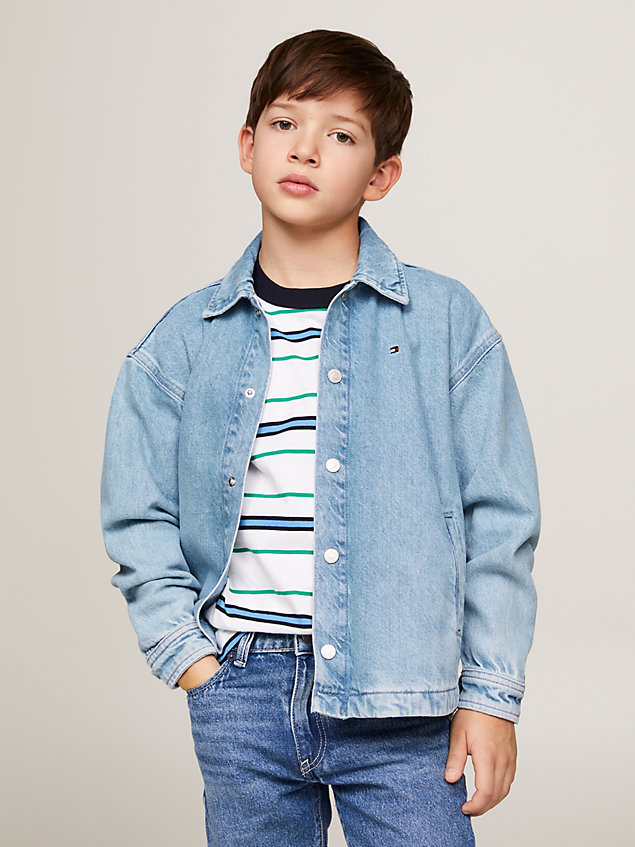 blue mid wash relaxed fit denim overshirt for boys tommy hilfiger