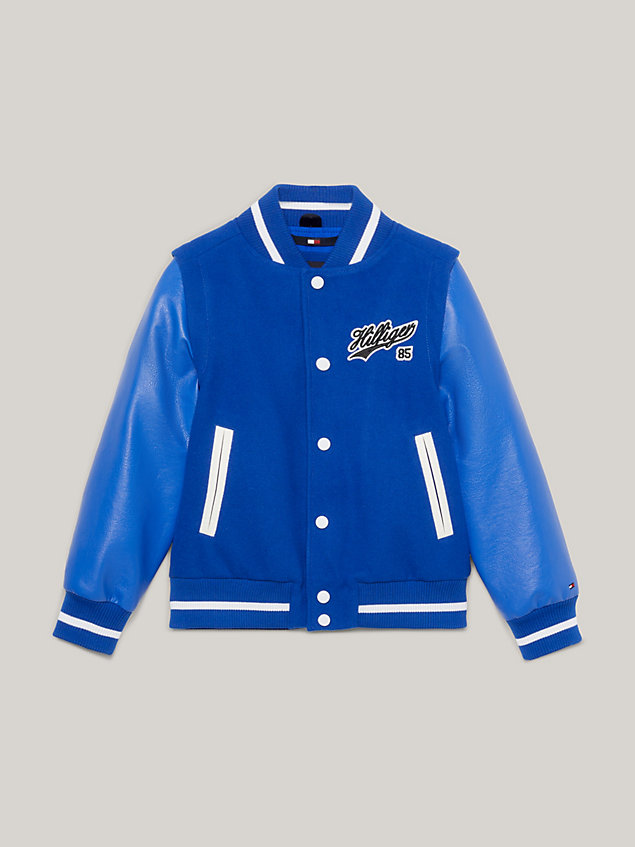 blue varsity zip-off sleeves script back logo bomber jacket for boys tommy hilfiger