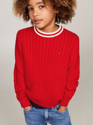 Cable Knit Crew Neck Jumper | Red | Tommy Hilfiger