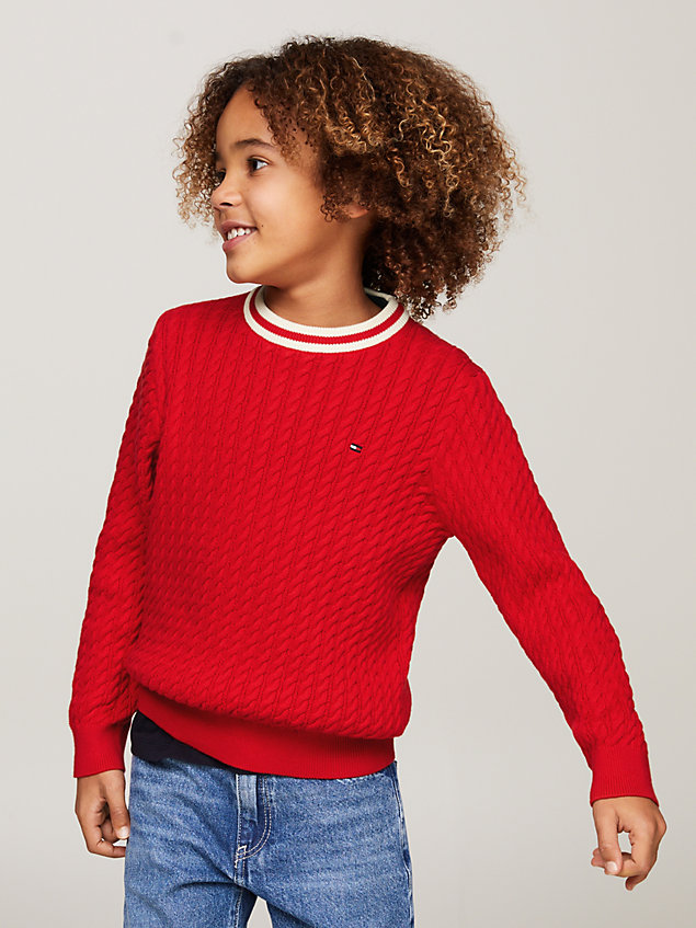 red cable knit crew neck jumper for boys tommy hilfiger