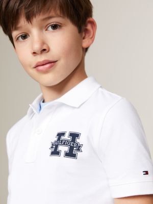 white regular fit varsity letter polo for boys tommy hilfiger