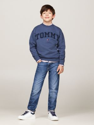 jeans straight fit sbiaditi con cuciture a contrasto blu da bambini tommy hilfiger