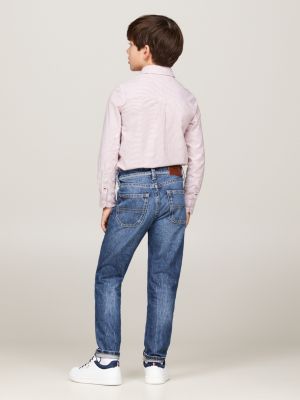 jeans straight fit sbiaditi con cuciture a contrasto blu da bambini tommy hilfiger