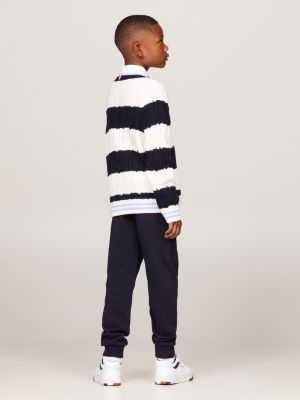 blue colour-blocked cable knit stripe jumper for boys tommy hilfiger