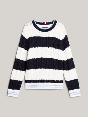 pull rayé colour-block en maille torsadée bleu pour garçons tommy hilfiger