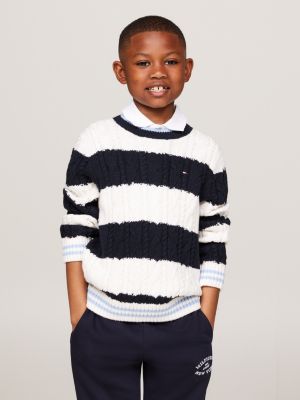 pull rayé colour-block en maille torsadée bleu pour garçons tommy hilfiger