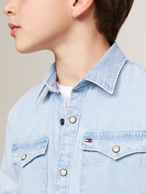 blue snap-button regular fit denim shirt for boys tommy hilfiger