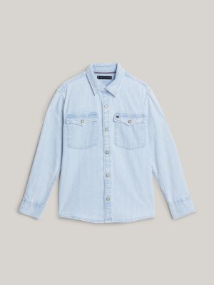 blue snap-button regular fit denim shirt for boys tommy hilfiger