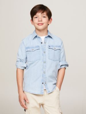 blue snap-button regular fit denim shirt for boys tommy hilfiger