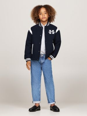 blue colour-blocked relaxed bomber jacket for boys tommy hilfiger