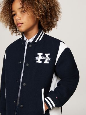 blue colour-blocked relaxed bomber jacket for boys tommy hilfiger