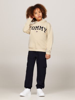 felpa varsity con cappuccio e logo ricamato beige da bambini tommy hilfiger