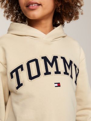 felpa varsity con cappuccio e logo ricamato beige da bambini tommy hilfiger