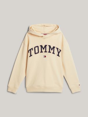 felpa varsity con cappuccio e logo ricamato beige da bambini tommy hilfiger