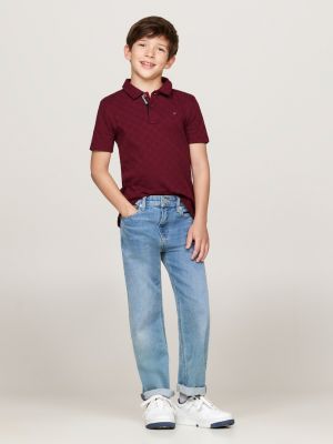 rood regular fit polo met checkerboard-jacquard voor jongens - tommy hilfiger