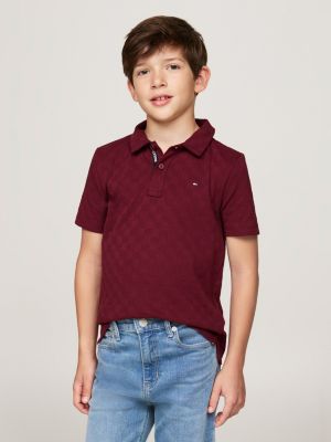 rood regular fit polo met checkerboard-jacquard voor jongens - tommy hilfiger