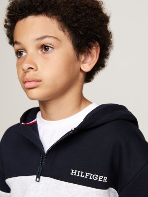 blue colour-blocked quarter-zip hoody for boys tommy hilfiger