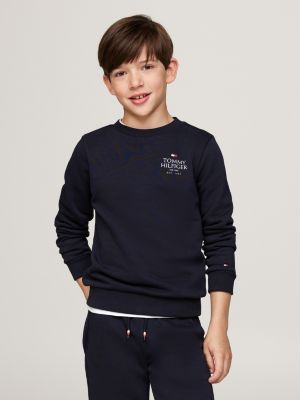 sweat col ras-du-cou à logo hilfiger bleu pour garçons tommy hilfiger