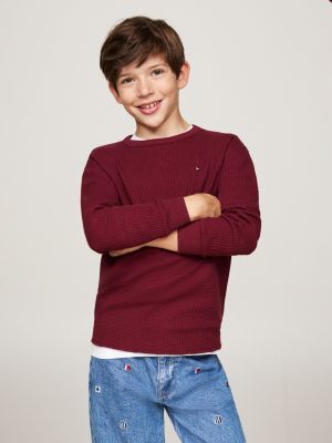 rood longsleeve t-shirt met wafelsteek voor jongens - tommy hilfiger