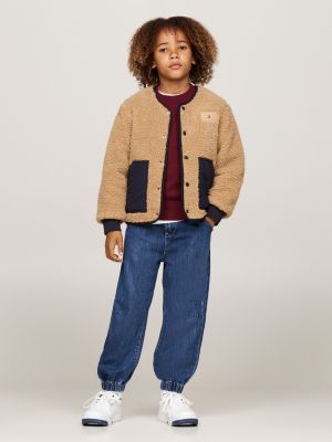 beige gesteppte relaxed fit teddy-wende-jacke für jungen - tommy hilfiger