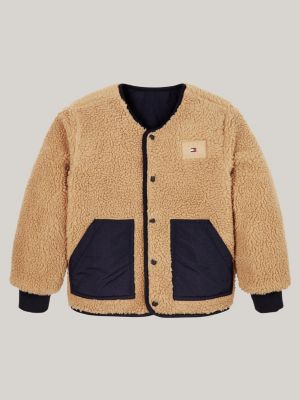 beige gesteppte relaxed fit teddy-wende-jacke für jungen - tommy hilfiger