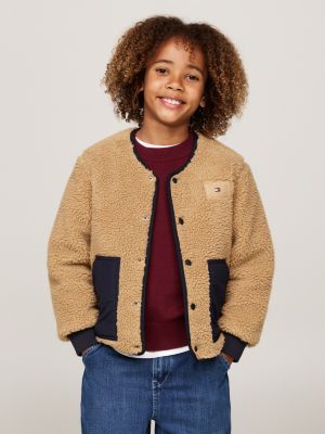 beige gesteppte relaxed fit teddy-wende-jacke für jungen - tommy hilfiger