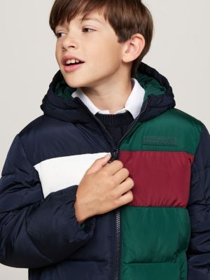 blue colour-blocked ripstop relaxed padded jacket for boys tommy hilfiger