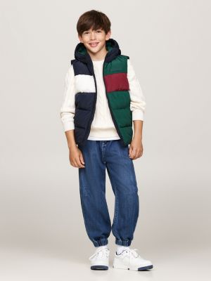 blue colour-blocked ripstop hooded padded vest for boys tommy hilfiger