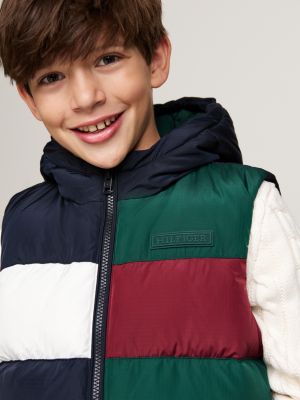 blue colour-blocked ripstop hooded padded vest for boys tommy hilfiger