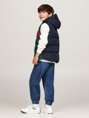 blue colour-blocked ripstop hooded padded vest for boys tommy hilfiger