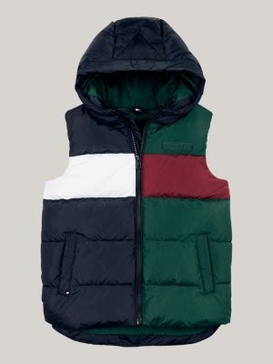 blue colour-blocked ripstop hooded padded vest for boys tommy hilfiger