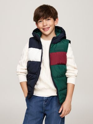 blue gewatteerde ripstop bodywarmer met capuchon voor jongens - tommy hilfiger