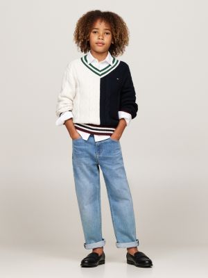 blue cable knit v-neck jumper for boys tommy hilfiger