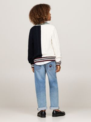 pull en maille torsadée à col en v bleu pour garçons tommy hilfiger