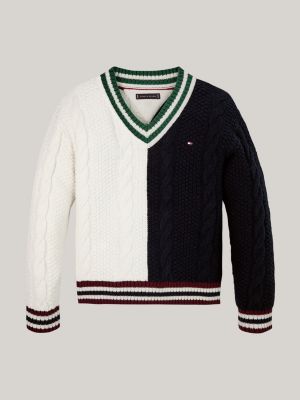 pull en maille torsadée à col en v bleu pour garçons tommy hilfiger