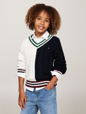 pullover a v in maglia intrecciata blue da bambini tommy hilfiger