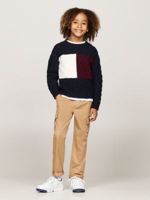 blue colour-blocked cable knit jumper for boys tommy hilfiger