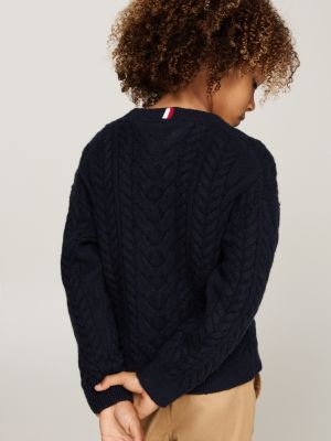 pull colour-block en maille torsadée bleu pour garçons tommy hilfiger