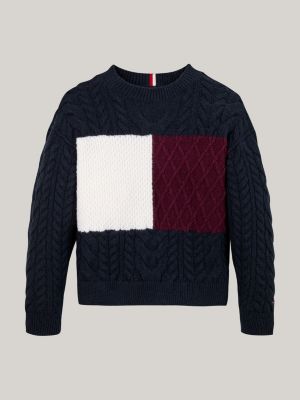 pull colour-block en maille torsadée bleu pour garçons tommy hilfiger