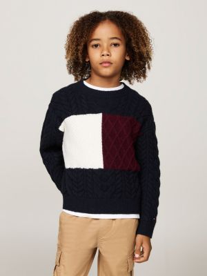 blue colour-blocked cable knit jumper for boys tommy hilfiger